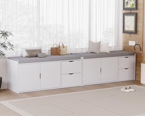 White Oak Entryway Shoe Storage Bench, Cushion 2 Drawers Hidden Rack 101x34x45cm