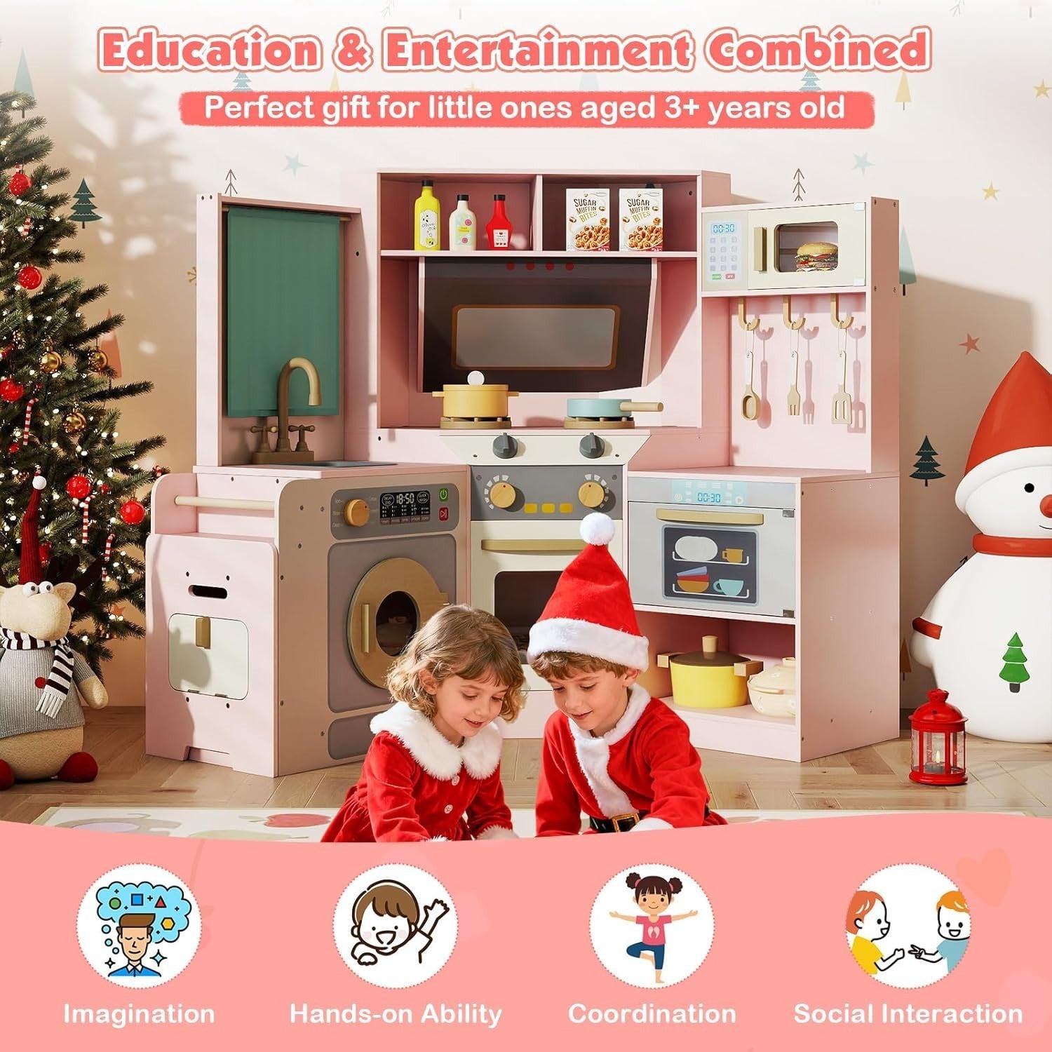Corner Kids Play Kitchen Lights Sounds Washer Pink Chef Toy