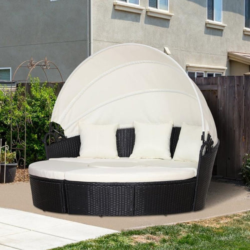 6 Seater Rattan Round Garden Sofa Bed Set with Canopy Table Cushions Black