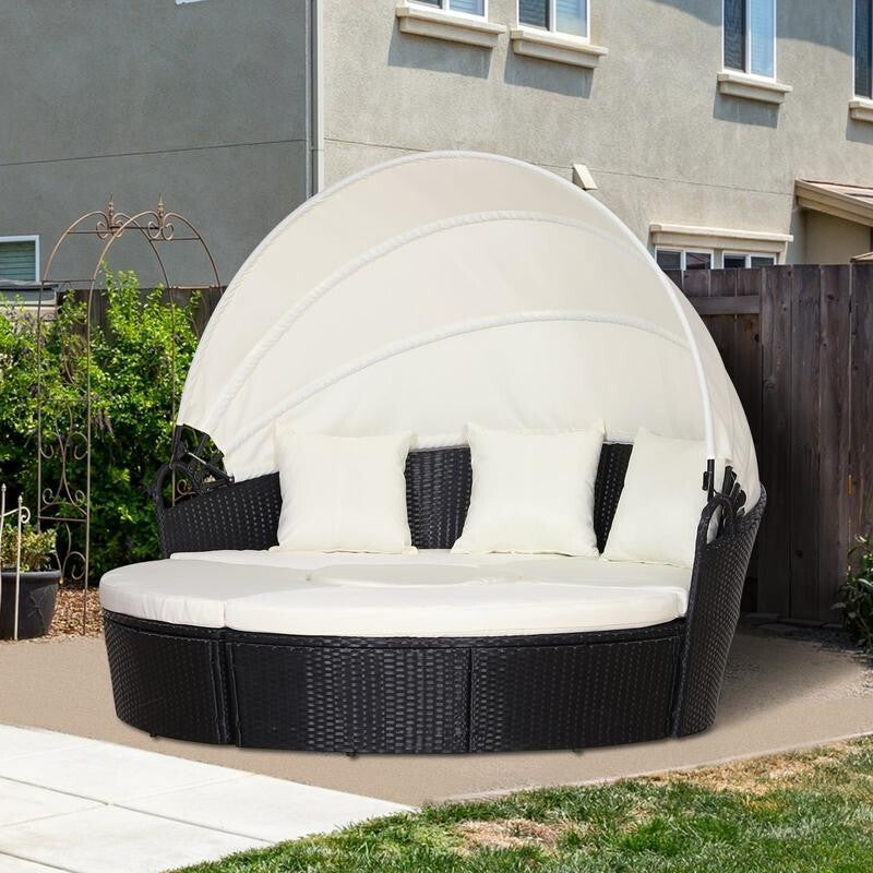 6 Seater Rattan Round Garden Sofa Bed Set with Canopy Table Cushions Black