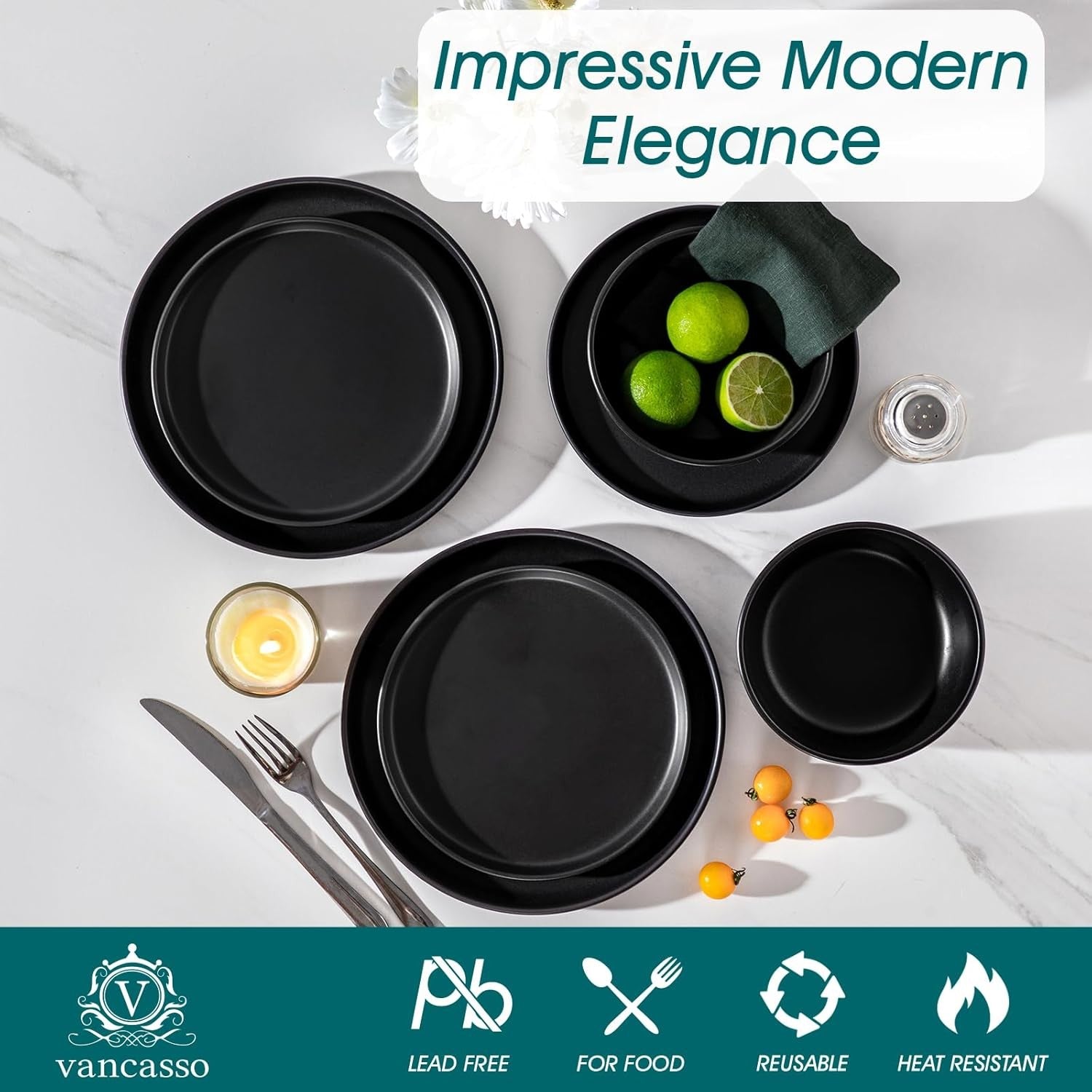 18pc Black Stoneware Dinner Set Matte Glaze Plates Bowls Microwave Safe