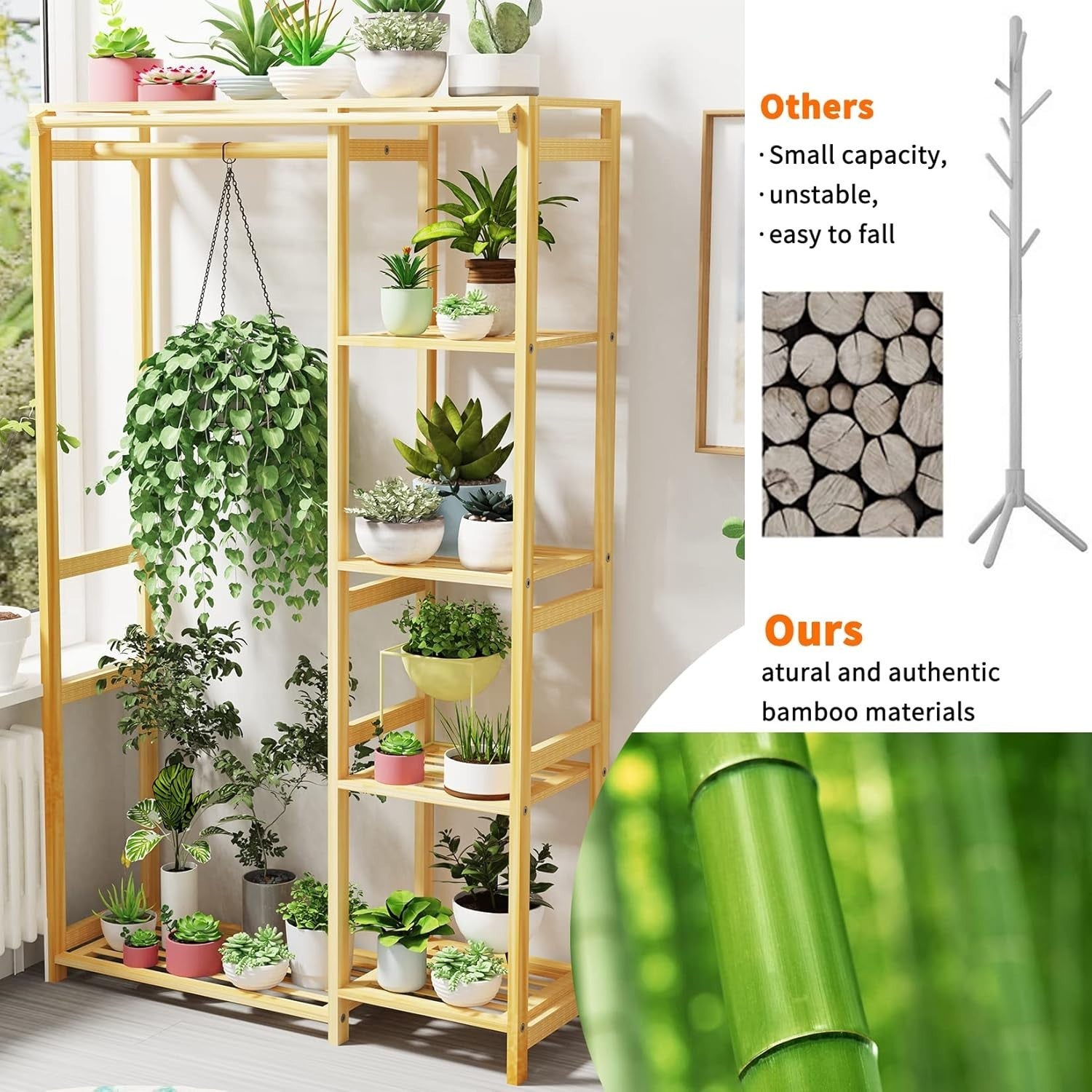 Bamboo Clothes Rack Organizer with Shelves, Garment Rail Wardrobe