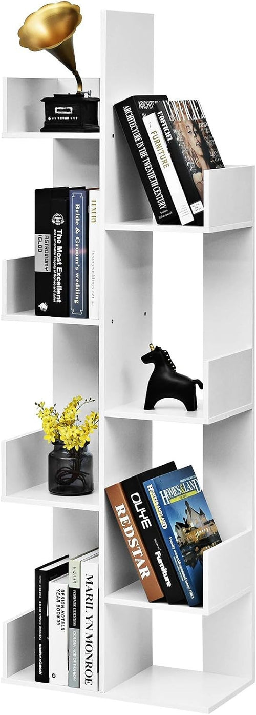 8 Tier Tree Bookshelf White Tall Bookcase Modern Storage Rack For Living Room
