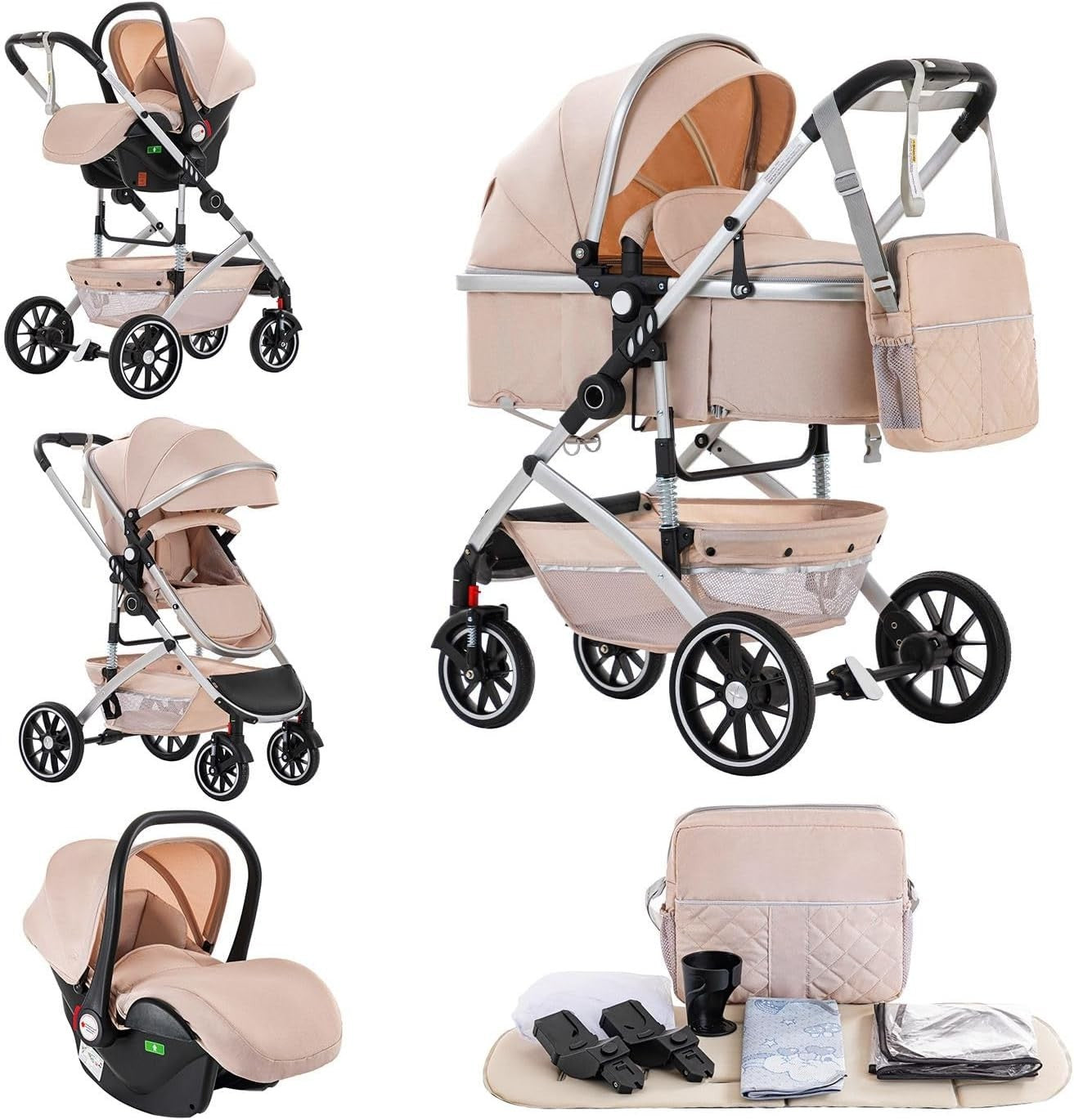 3 in 1 Baby Stroller Travel System Carrycot Car Seat One Click Fold Beige