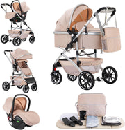 3 in 1 Baby Stroller Travel System Carrycot Car Seat One Click Fold Beige