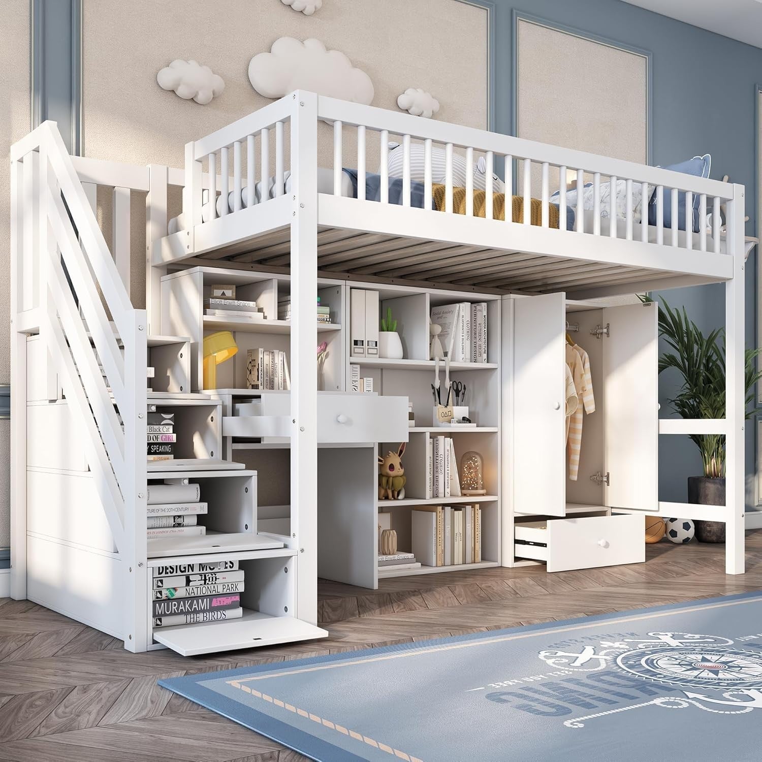 Loft Kids Bed w/ Desk Wardrobe Storage Drawers Stairs 90x190cm White