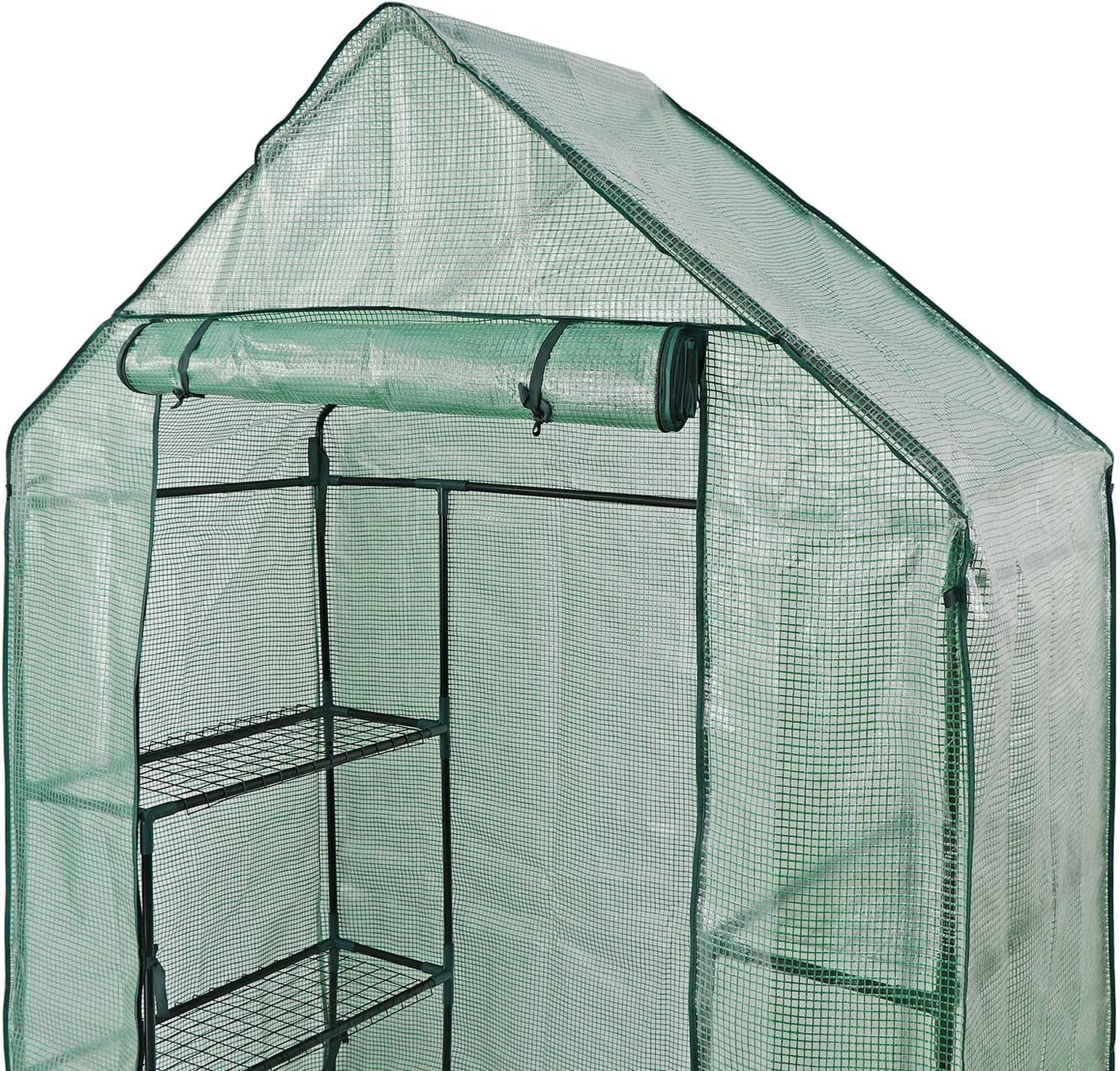 Walk-In Greenhouse with 4 Shelves Reinforced PE Cover Roll-Up Door 143x195cm