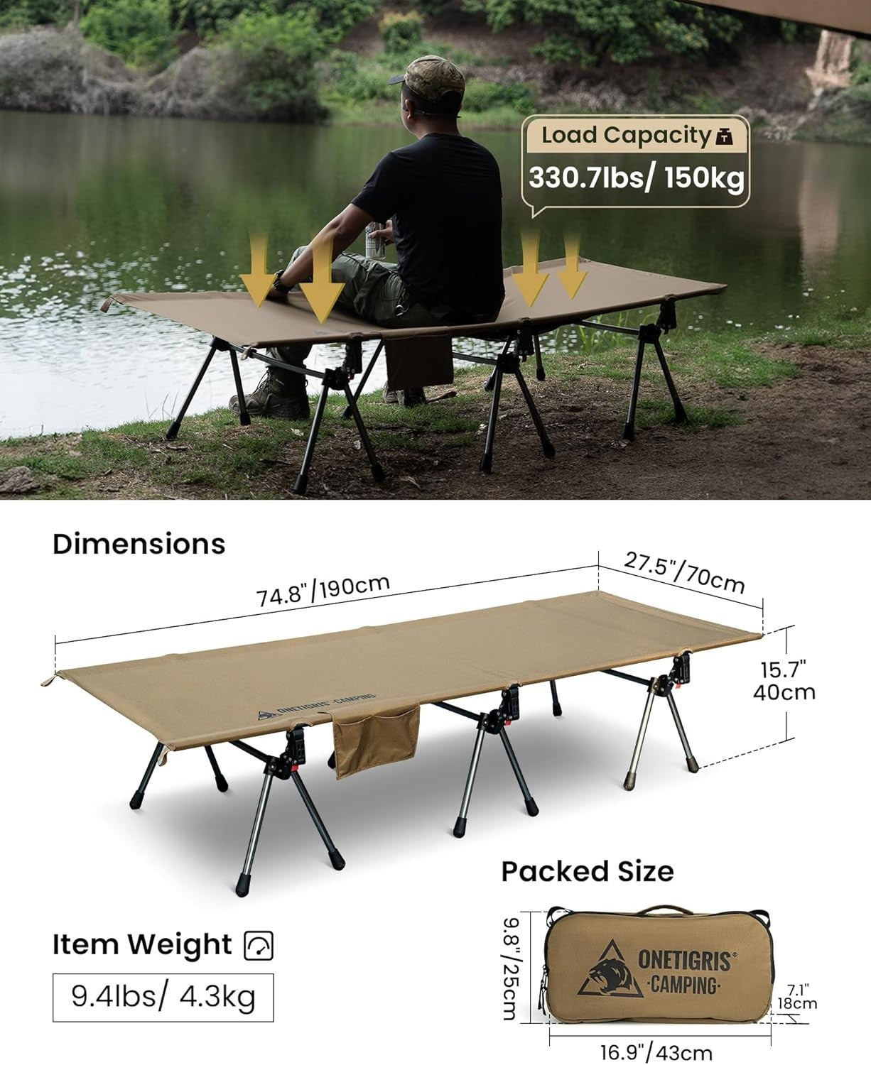 Camping Cot Folding Bed 150kg Heavy Duty Portable Adjustable Height