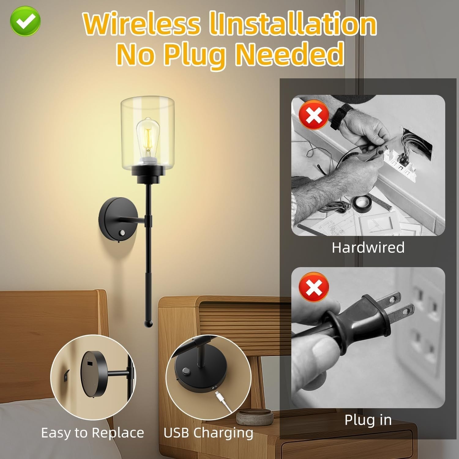Wireless Battery Operated Wall Sconce Set of 2 with Remote, Dimmable, Black