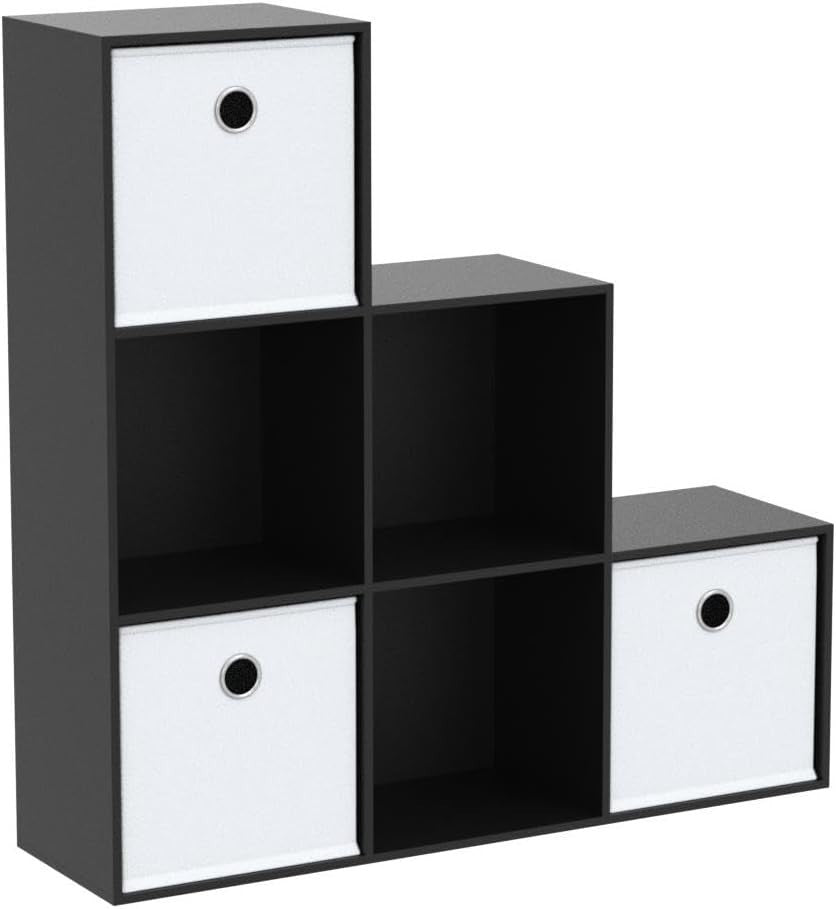 Black 6 Cube Staircase Storage Shelf + 3 White Baskets – Modern Bookcase Unit
