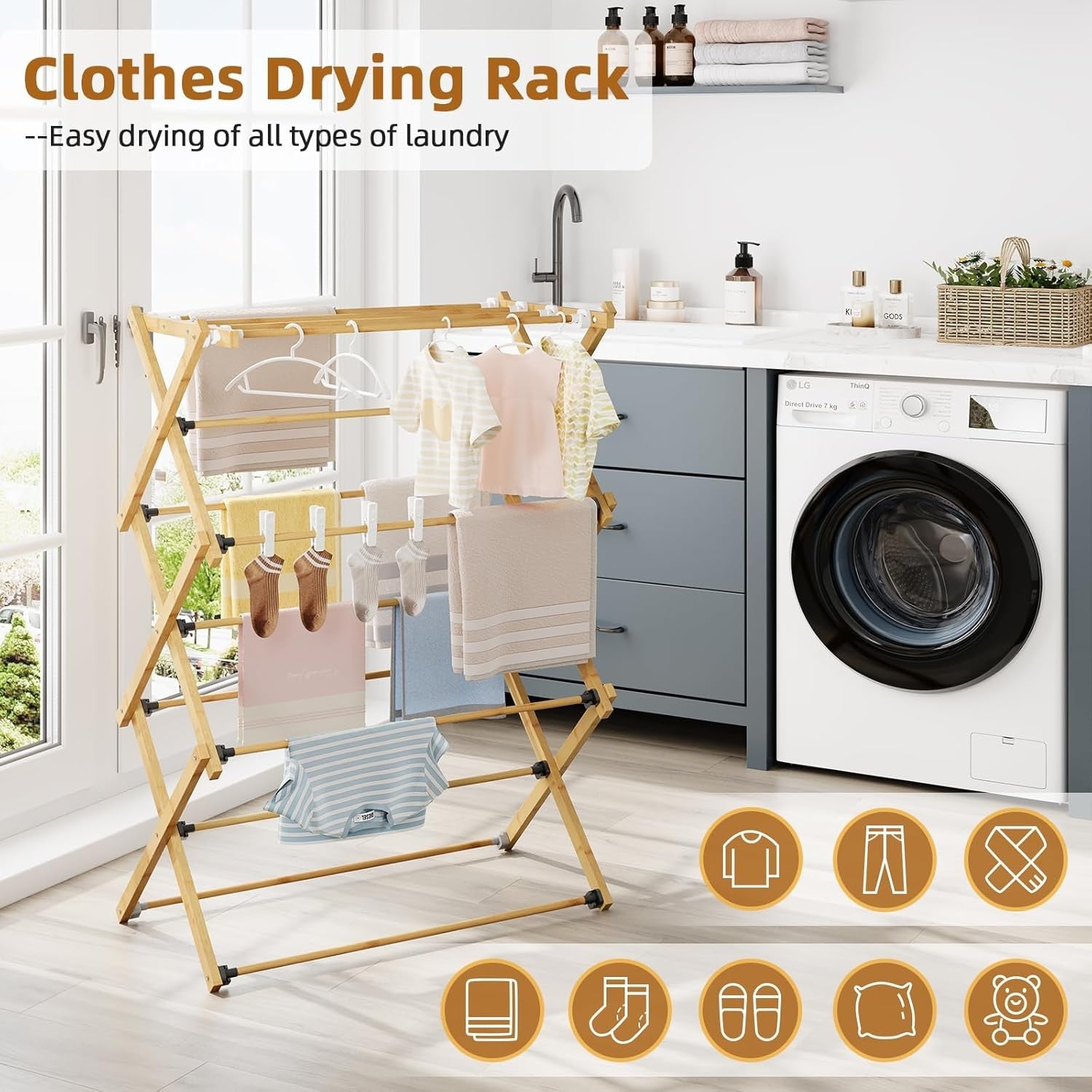 Bamboo Clothes Airer Folding Indoor Drying Rack Space Saving Laundry Stand