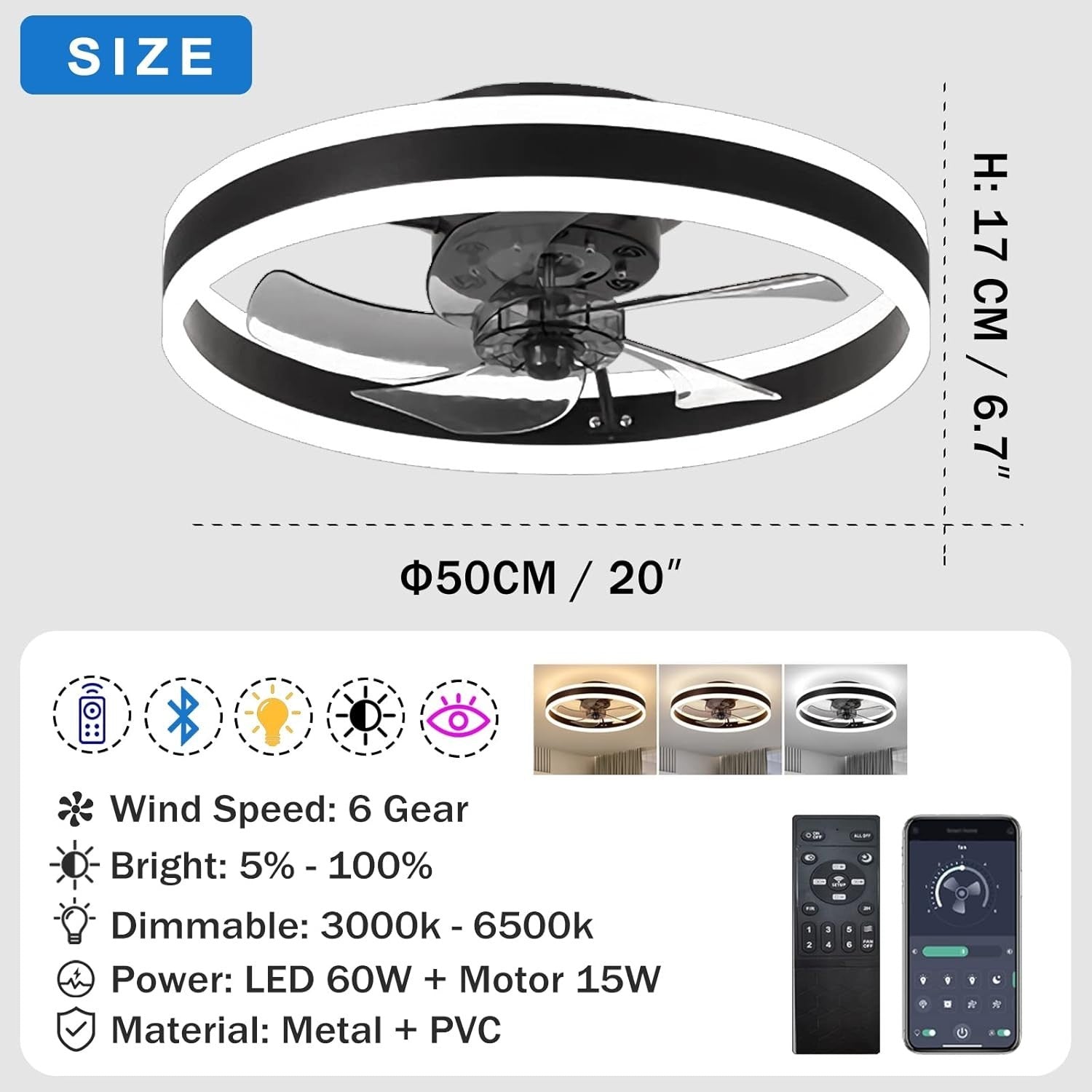 40CM LED Ceiling Fan Light, 6 Speeds, Remote & App Control, Dimmable, Gold