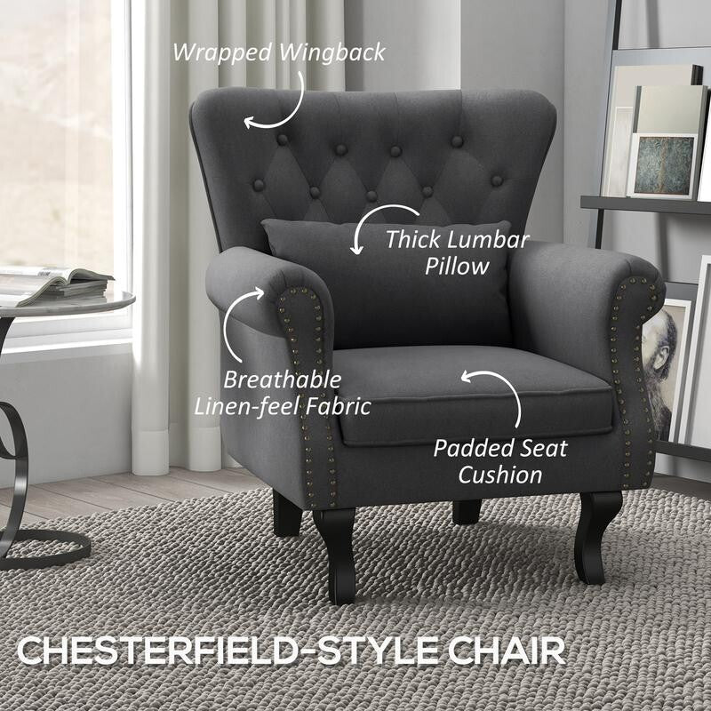 Chesterfield Wingback Armchair Tufted Accent Fireside Chair Pillow Grey