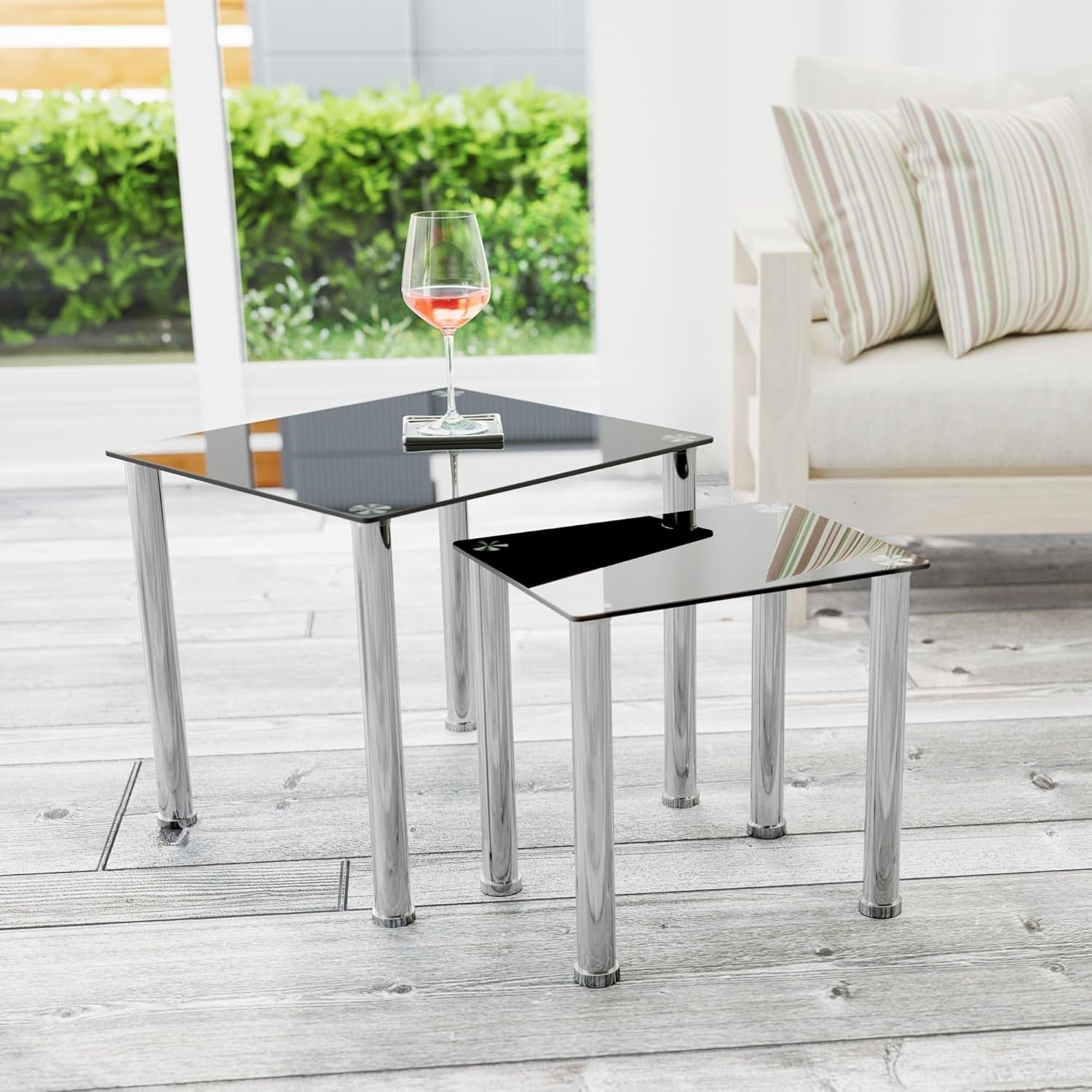 Black Square Nesting Side End Tables Set of 2 Glass Metal Chrome Frame