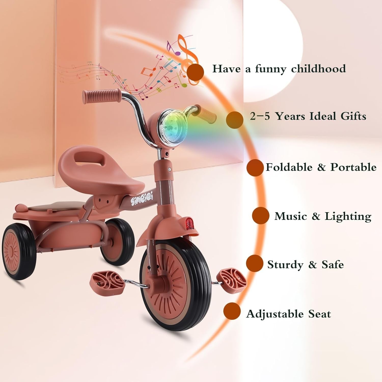 Foldable Toddler Tricycle 3 Wheel Kids Bike Music Lights Storage 1-4Y