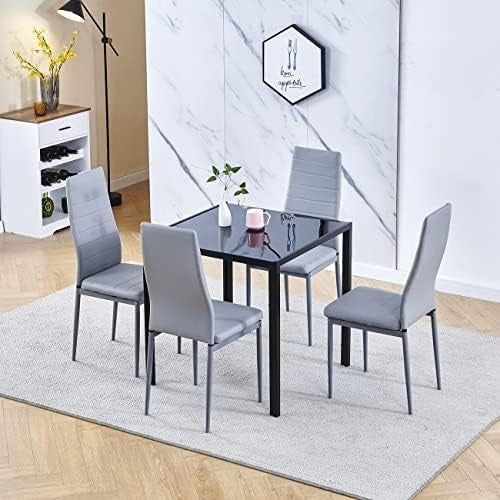 Square Glass Dining Table Set 4 Chairs Modern Space Saving Black Faux Leather