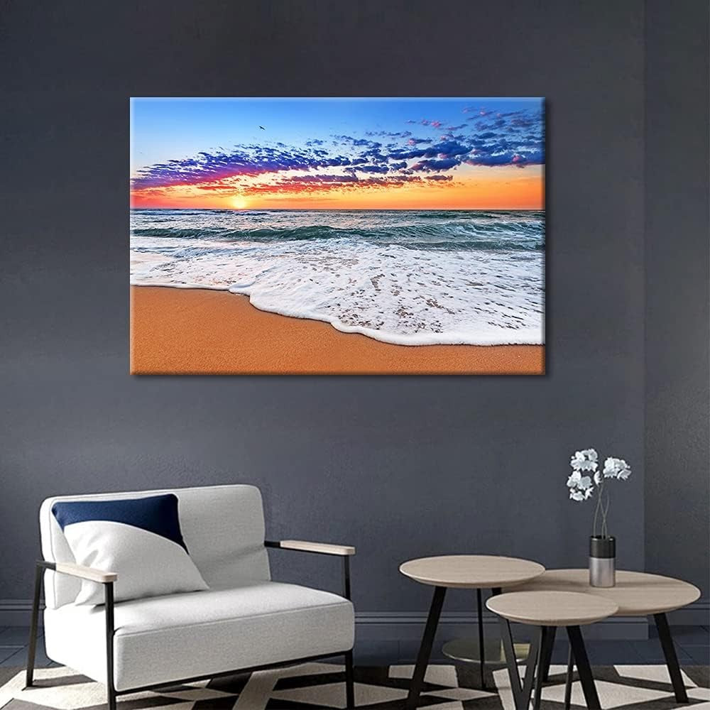 Large Beach Sunset Canvas Wall Art 36x24in Framed Seascape