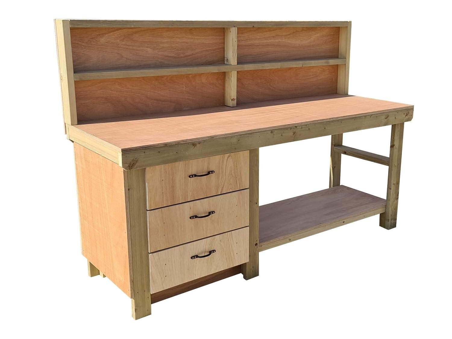 7ft Heavy Duty Wooden Workbench – Eucalyptus Top, 3 Drawers, Shelf & Back Panel
