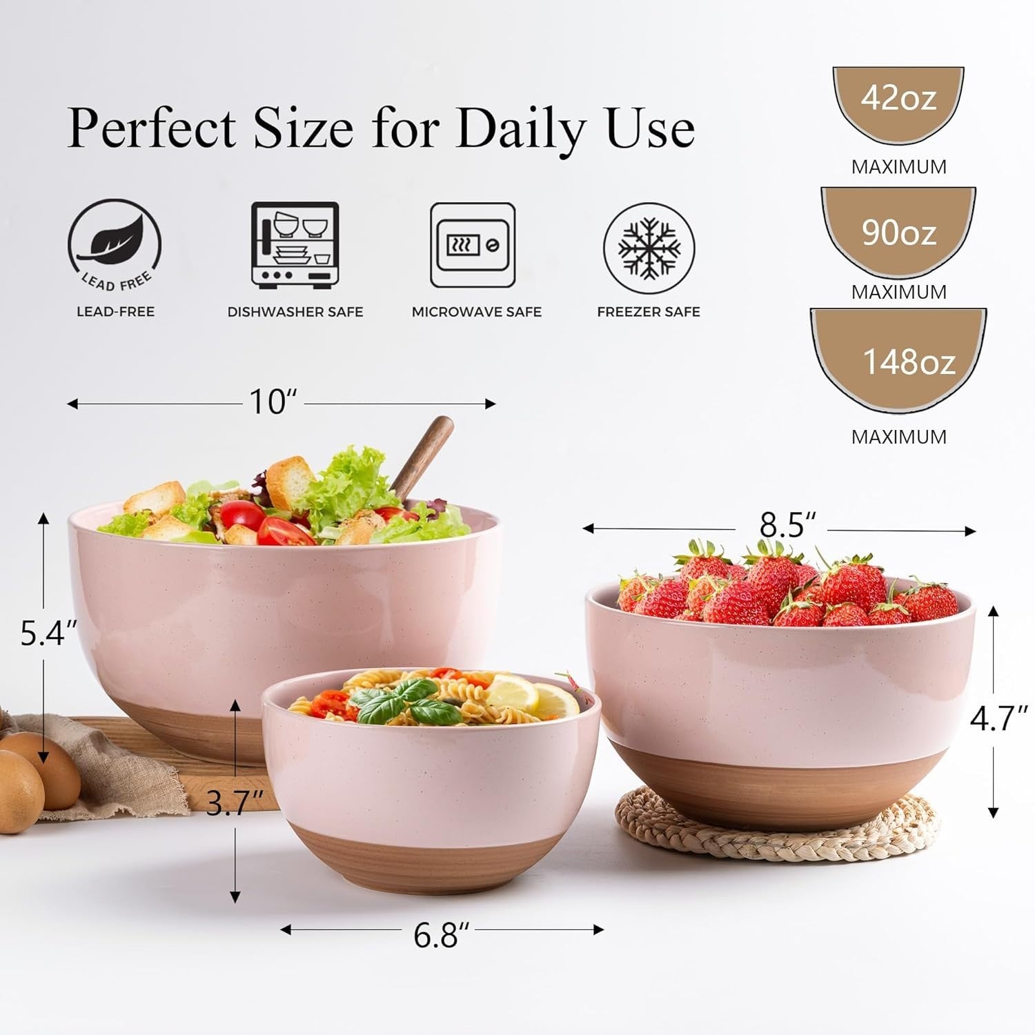 3-Piece Ceramic Mixing Bowls Set Nesting Kitchen Bowls 1.3-4.6 Qt