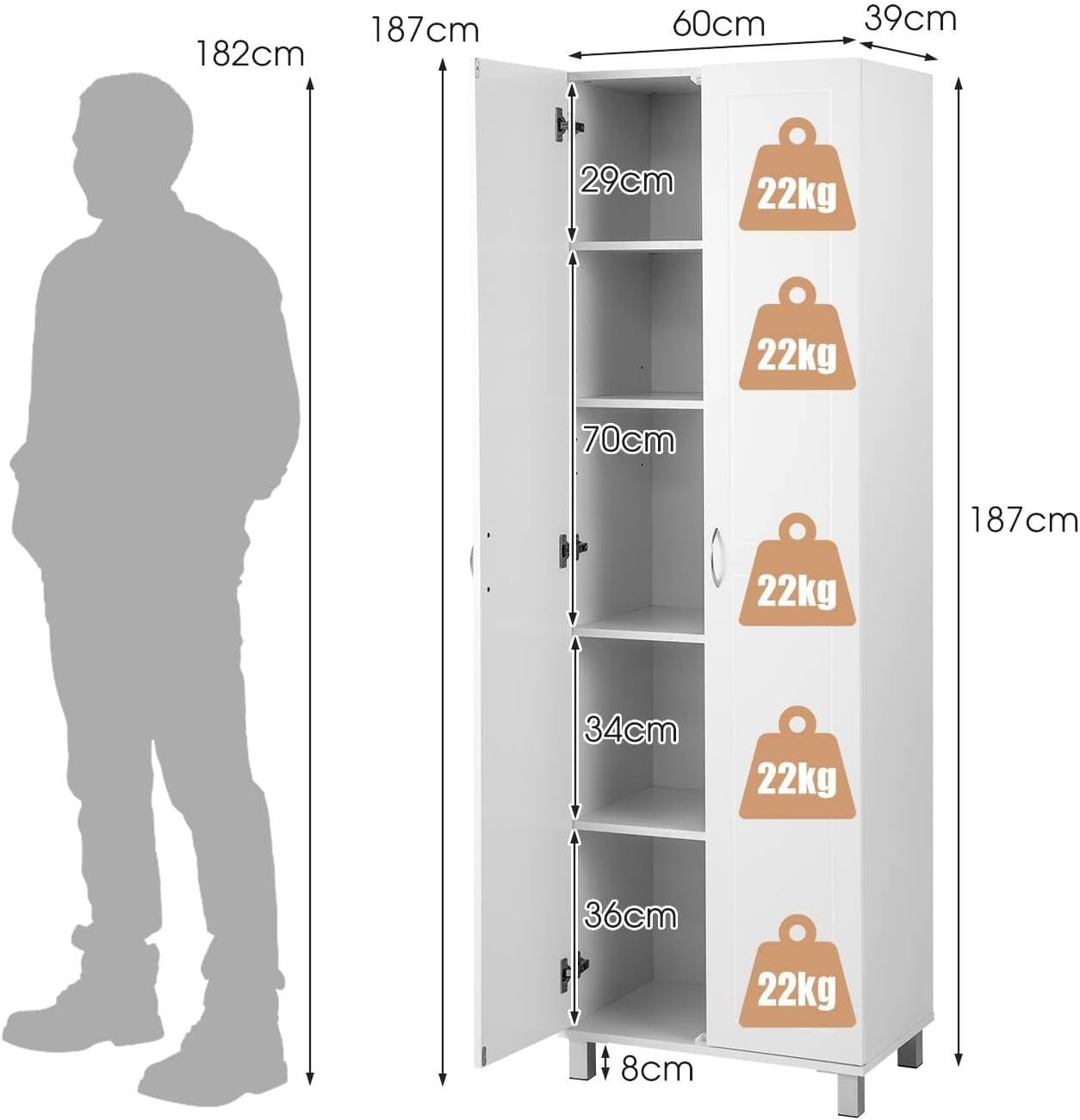 Tall White Storage Cabinet 2 Door Cupboard | Adjustable Shelves Freestanding Uni