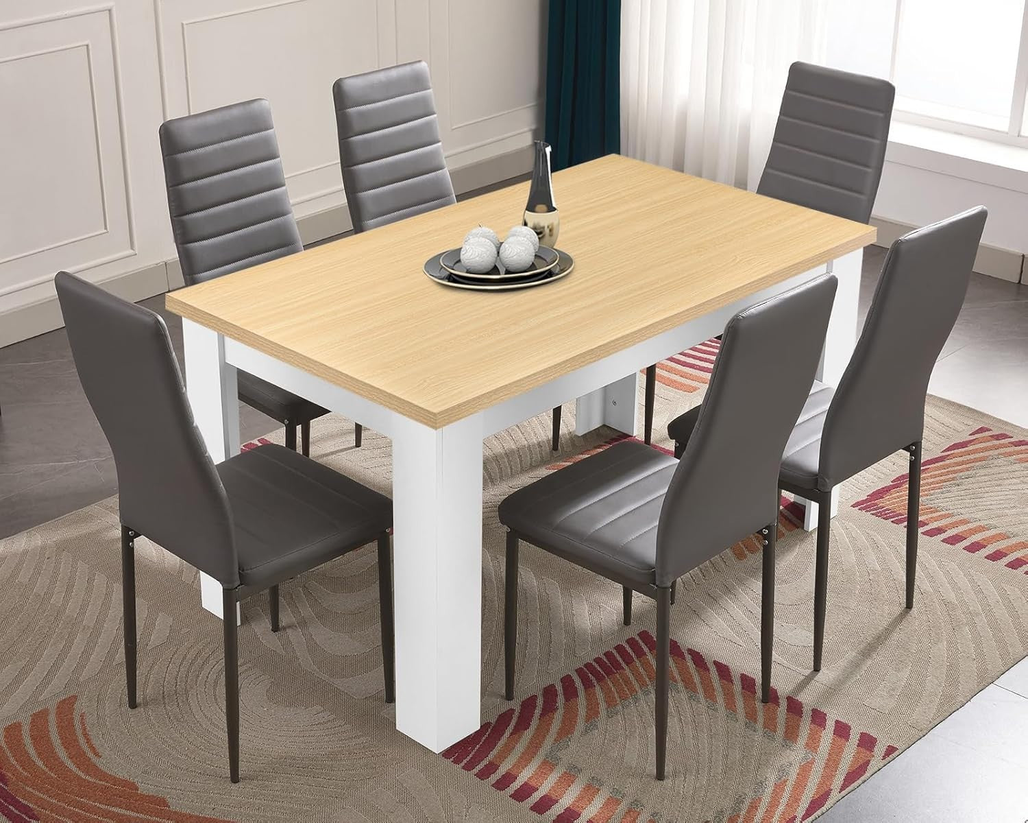 Modern 6-Seater Dining Table Set Grey | Solid Wood Table, PU Leather Chairs