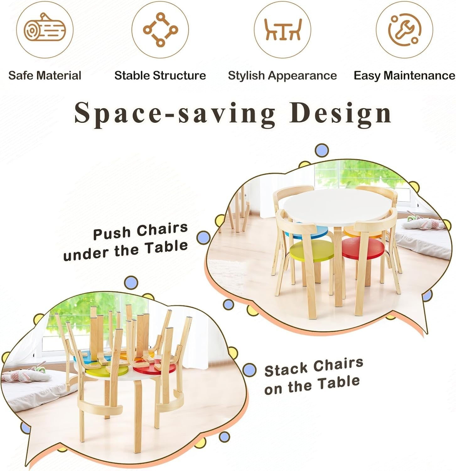 Kids Table and Chairs Set 5pc Wooden Round Playroom Furniture with 4 Stackable C