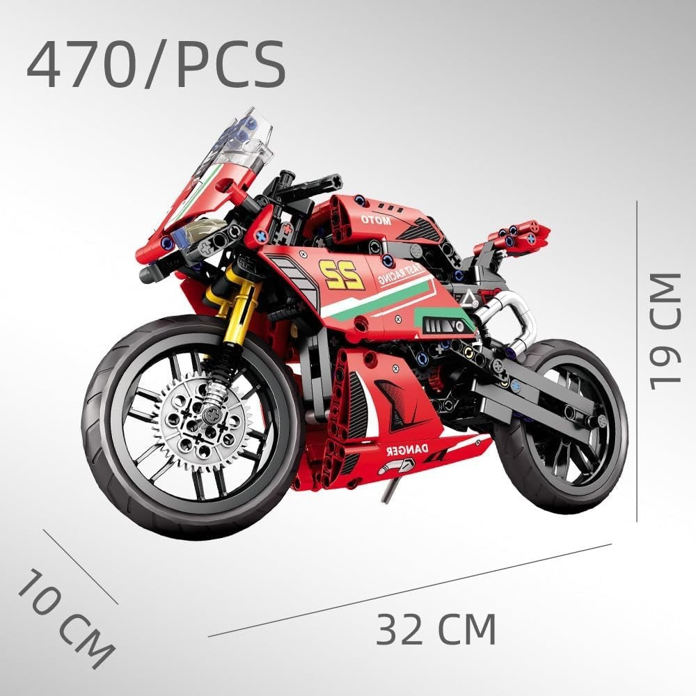 470PCS Motorcycle Building Blocks Kit with Moving Chain & Display Stand Gift Toy