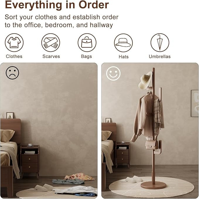 Walnut Wooden Coat Rack Stand | Modern Cactus Design Hall Tree with 6 Hooks