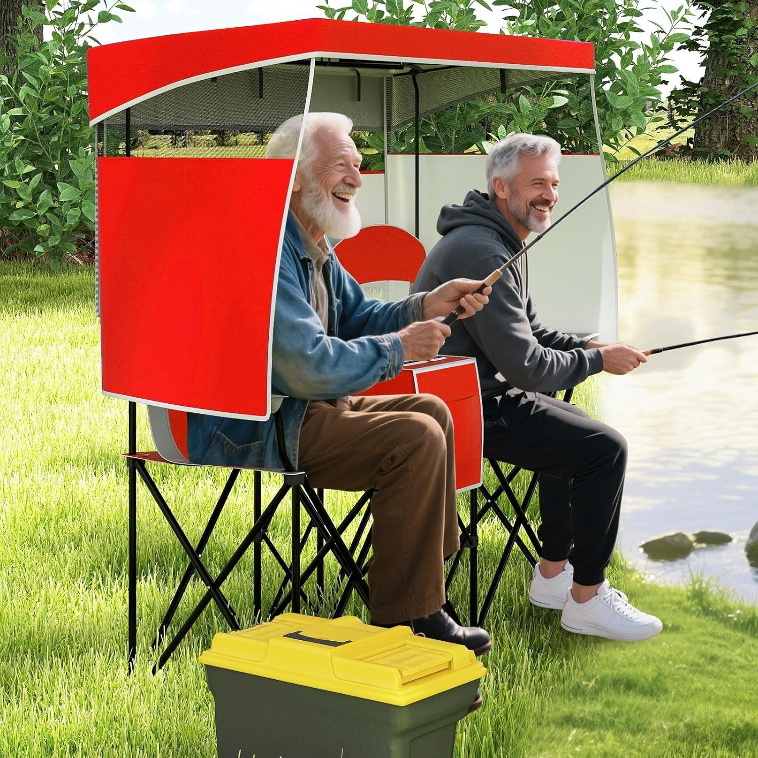 Red Folding Camping Loveseat w/ Canopy, Cup Holders & Cooler Bag, 2 Seat
