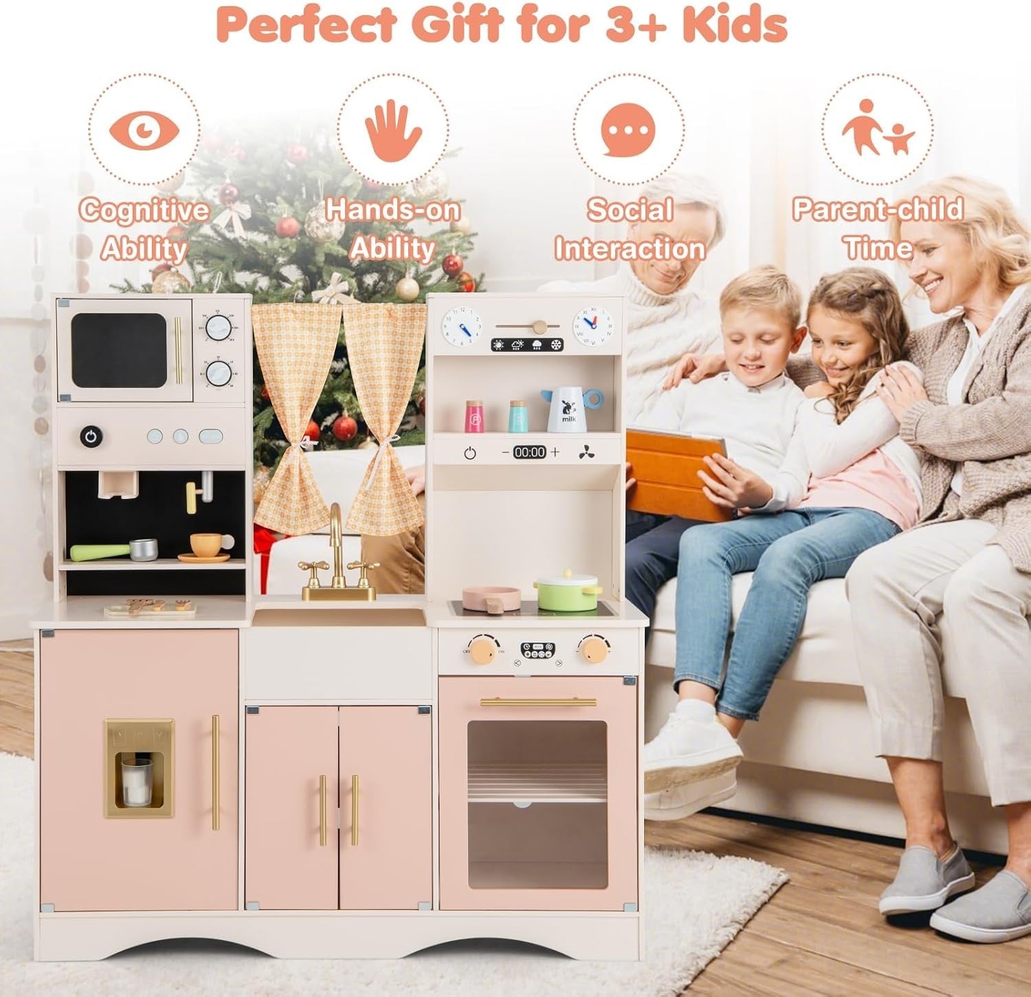Kids Wooden Play Kitchen Pink w/ Ice Maker Microwave 17 Accessories