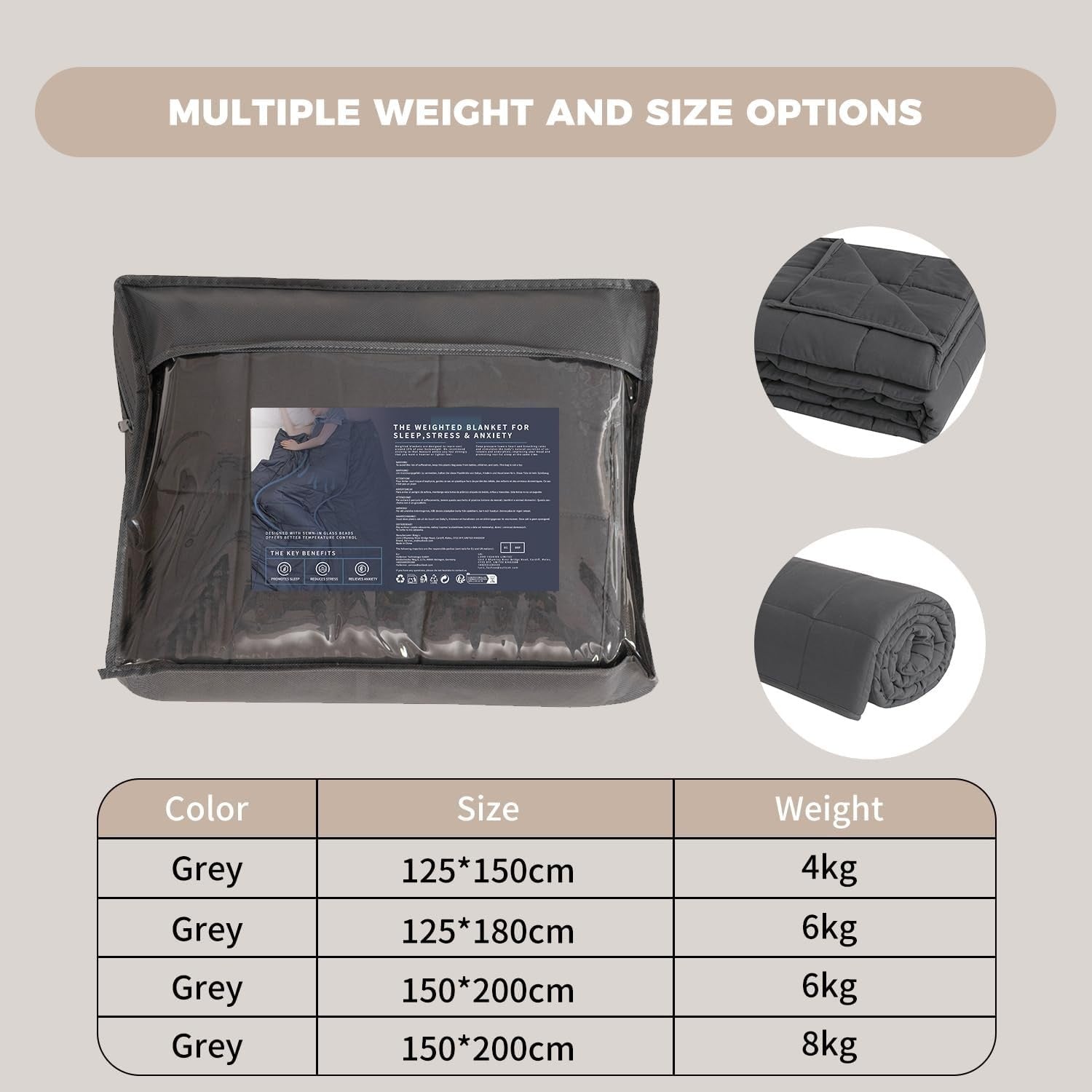 Weighted Blanket for Adults - Grey - 6kg 125x180cm - Stress & Sleep Relief