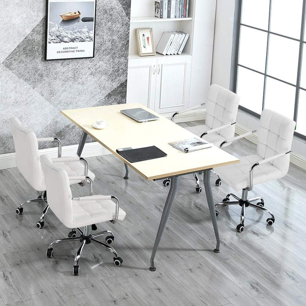 White Adjustable Office Chair Swivel Desk Chair Faux Leather Home Study Seat
