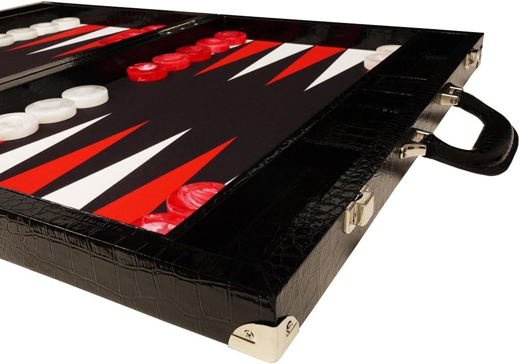21 Inch Tournament Backgammon Set Black Croco Folding Luxury Board Game