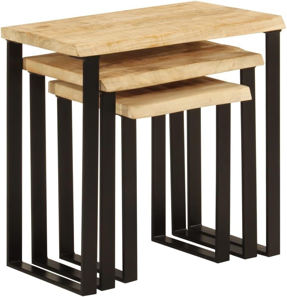 Live Edge Nesting Side Table Set Solid Mango Walnut Wood Industrial Brown Black
