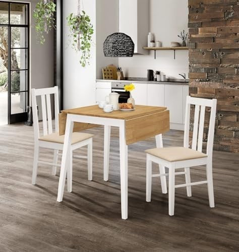 Small Drop Leaf Dining Table with 2 Chairs White & Oak Foldable Set