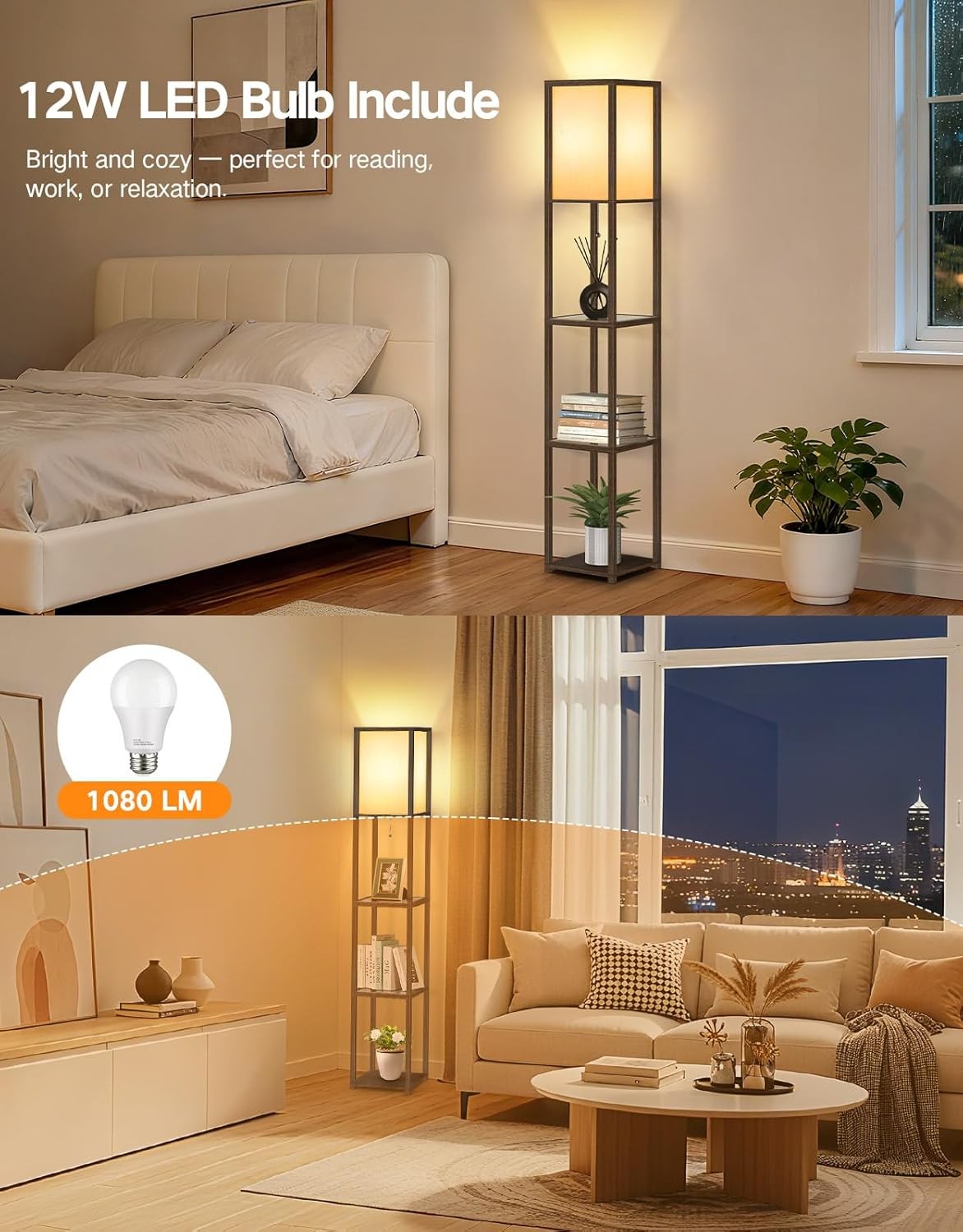 Floor Lamp with Shelves LED Adjustable Colour Standing Storage Light Walnut