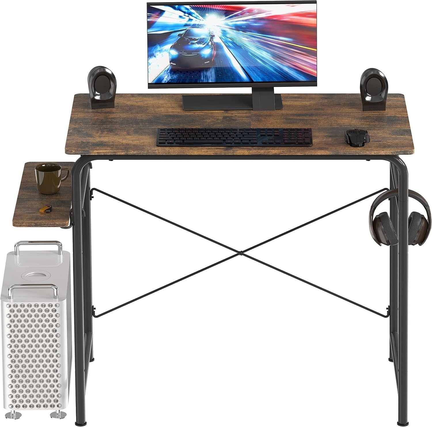 Rustic Brown Compact Computer Desk 79x41cm Gaming Writing Table w/Shelf