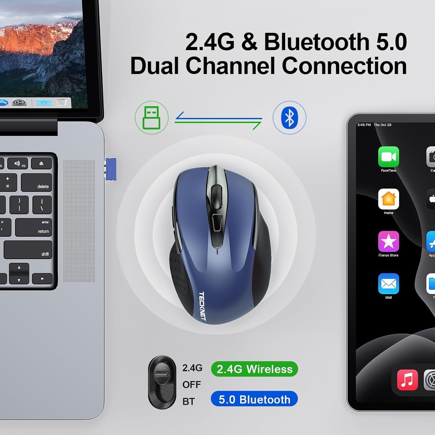 Rechargeable Bluetooth Mouse 4800DPI Silent Tri Mode Ergonomic Multi Device