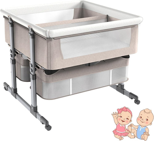 Twin Baby Crib Bassinet Adjustable Bedside Cot with Storage & Mattress Brown