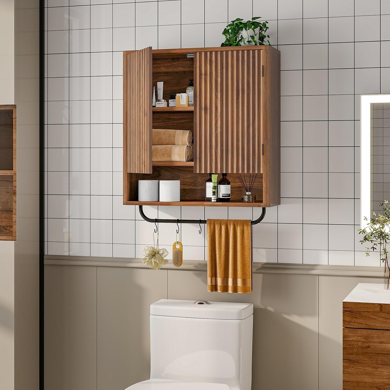 Deep Kitchen & Bathroom Wall Cabinet with Adjustable Shelves & Hooks, Walnut