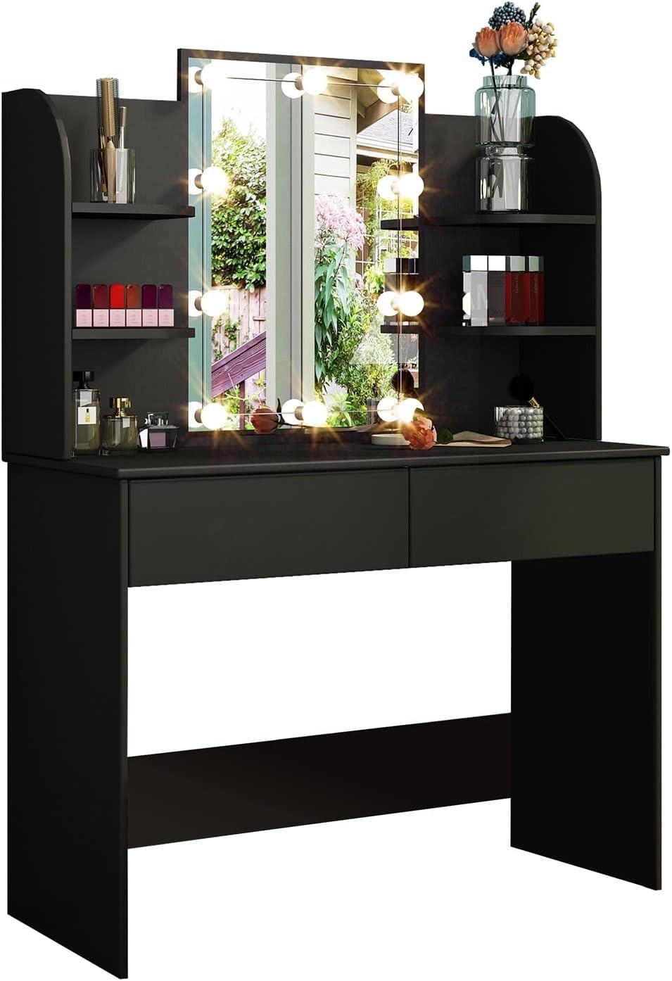 Modern Vanity Desk w/ Lighted Mirror & Charging Station USB Outlet 4 Drawers