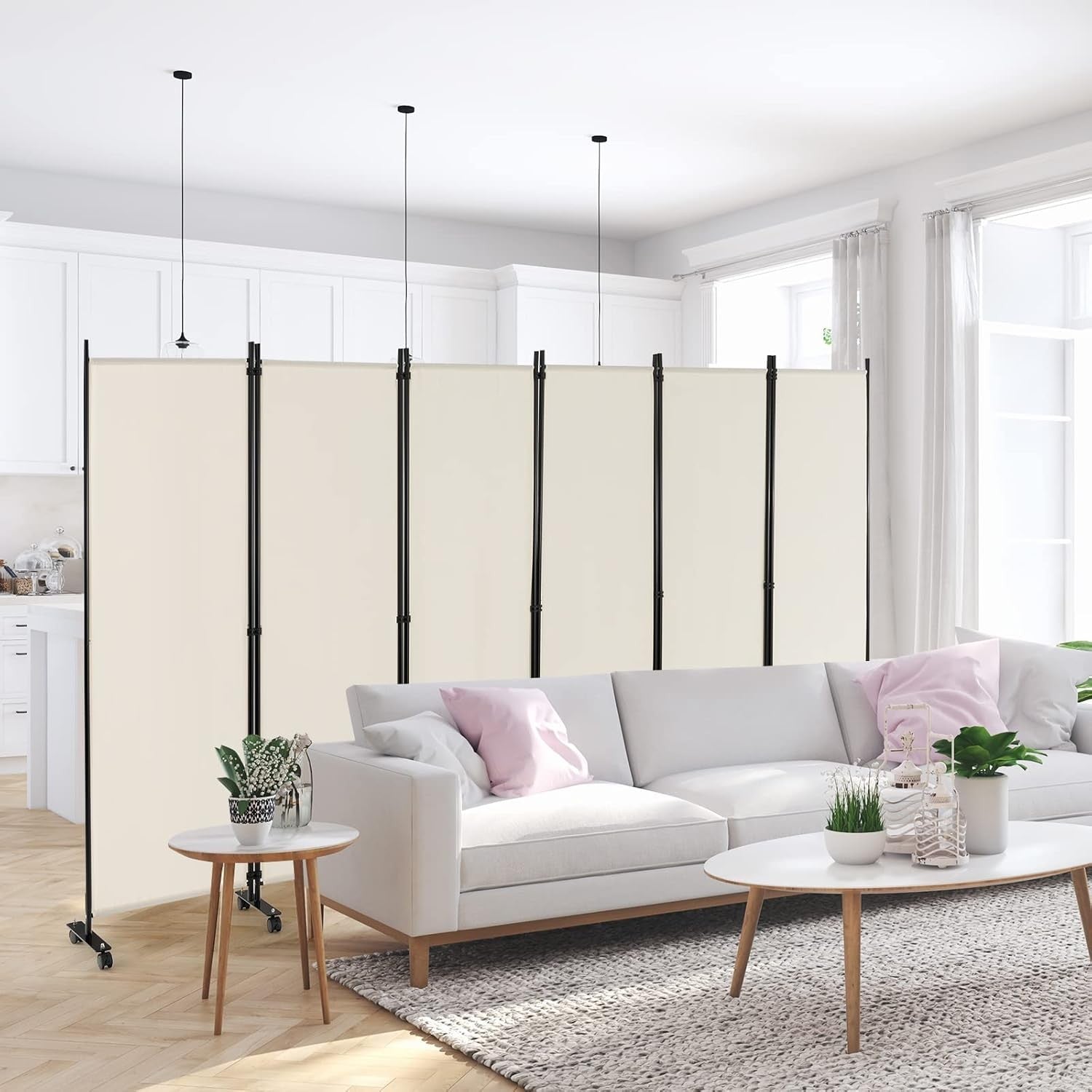 6 Panel White Folding Room Divider Privacy Screen Metal Frame 335x172cm