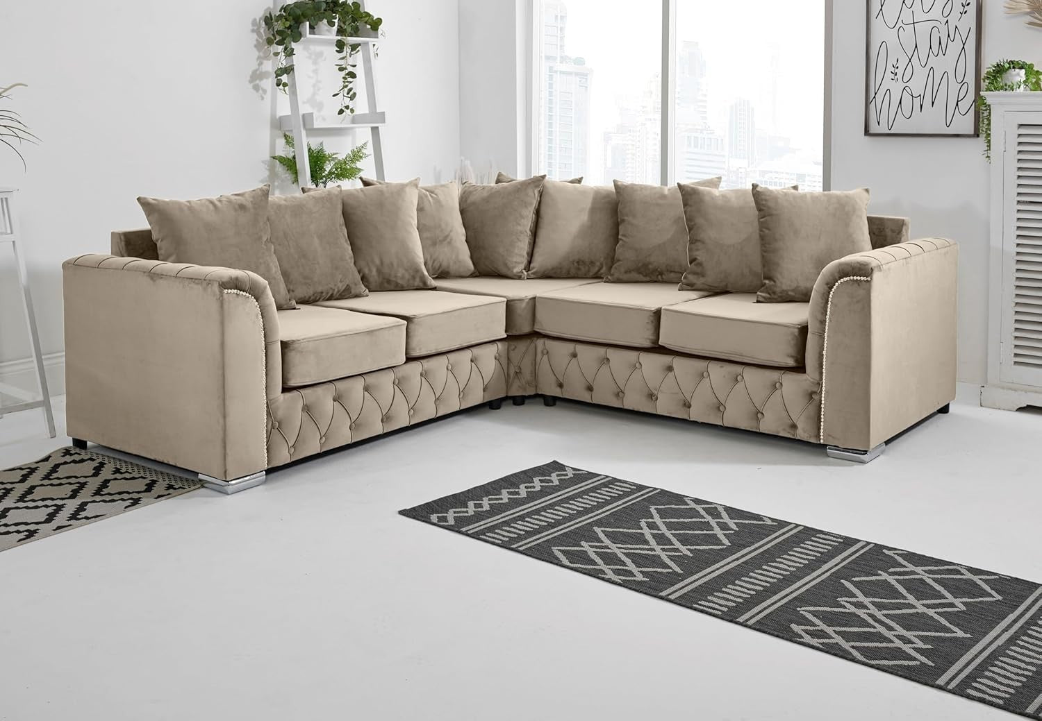 Cream Plush Velvet 5-Seater Corner Sofa – Scatterback & Button Detail