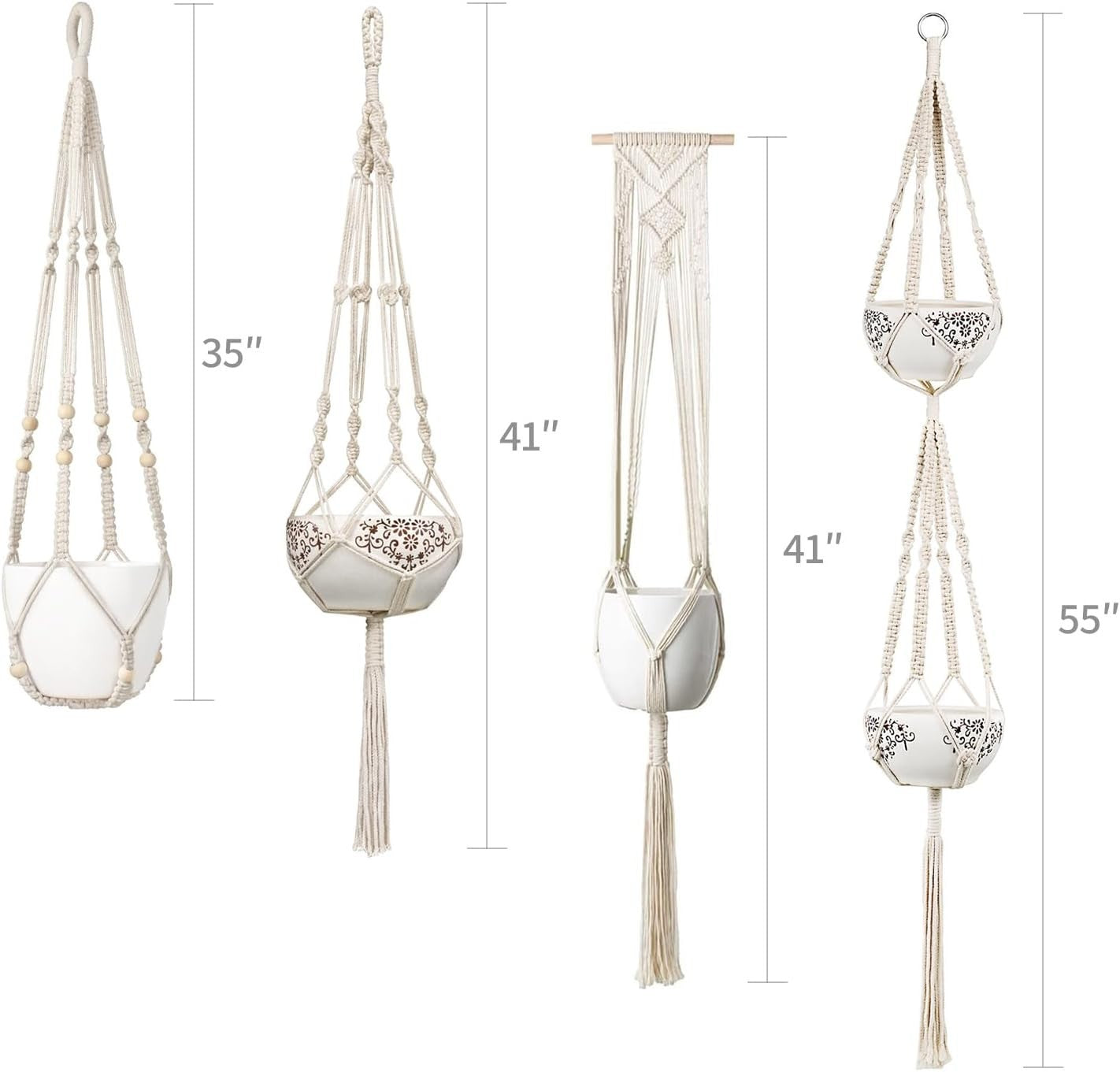 Boho Macrame Plant Hangers Set of 4 – Indoor Outdoor Cotton Pots