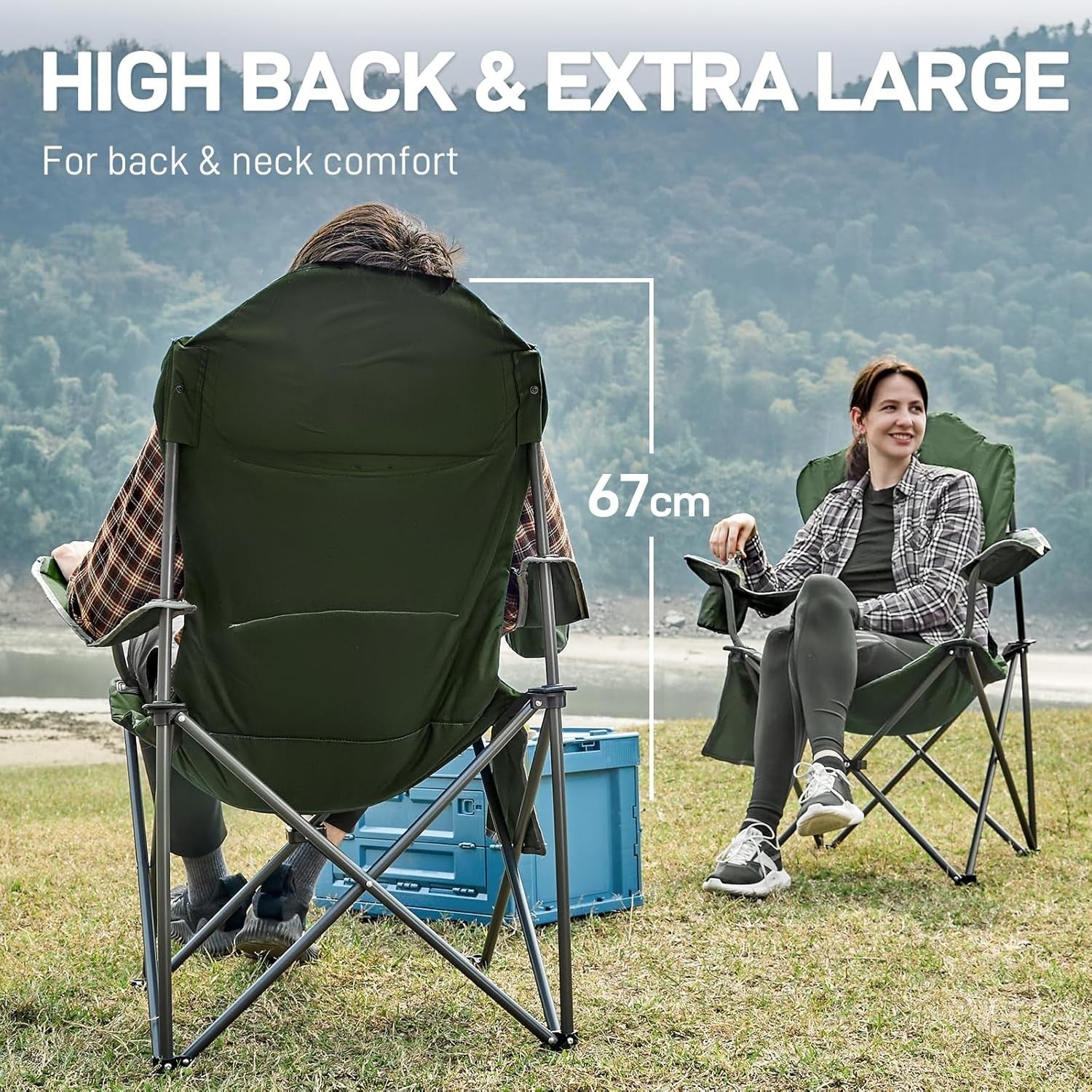 Heavy Duty Folding Camping Chairs Set 2 Cup Holder Padded High Back