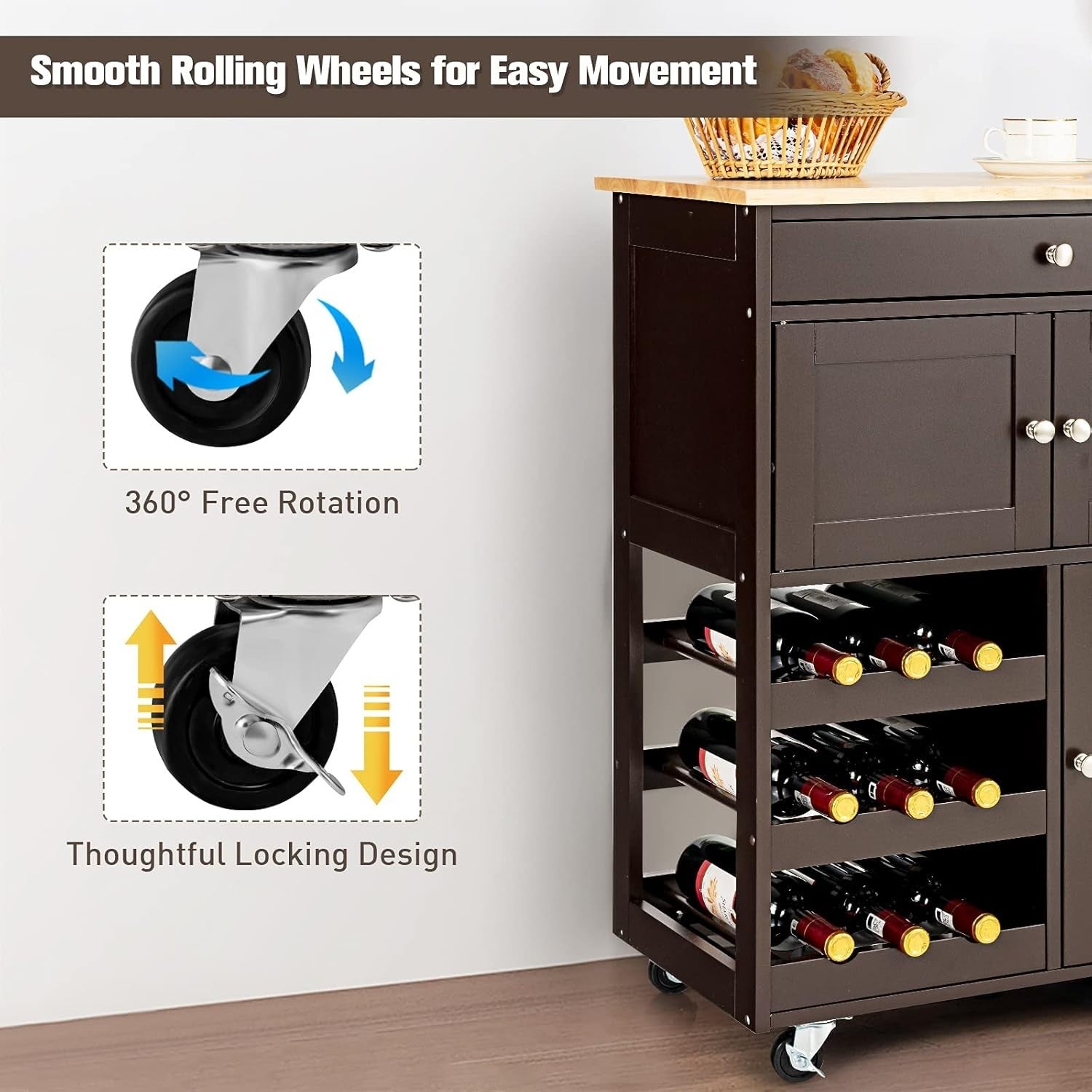Rolling Kitchen Serving Trolley Cart with Drawer, Wine Rack & Cabinets, Brown