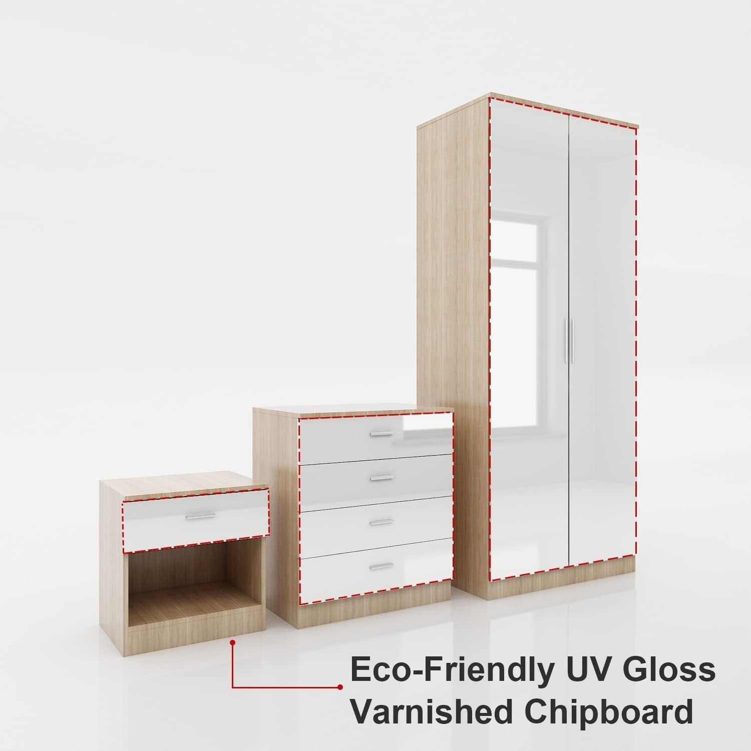 Modern High Gloss 2 Door Wardrobe White Oak Hanging Rail Bedroom Storage