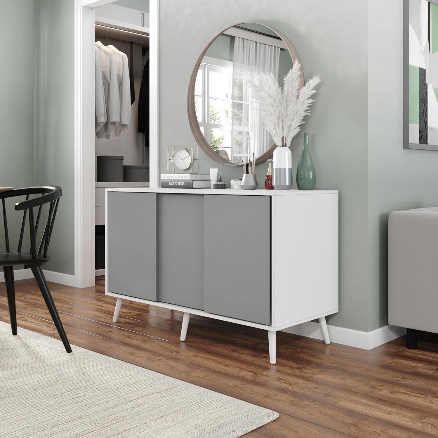 Grey Sliding Door Sideboard White Frame Cabinet Storage Modern Unit