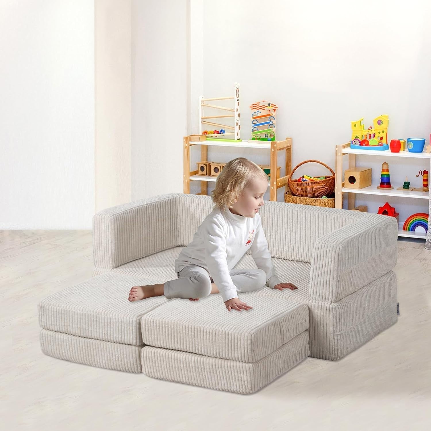 Ultra-Soft Kids Sofa Bed with Cushions, 2-Seater Foam Sofa for Toddlers Beige