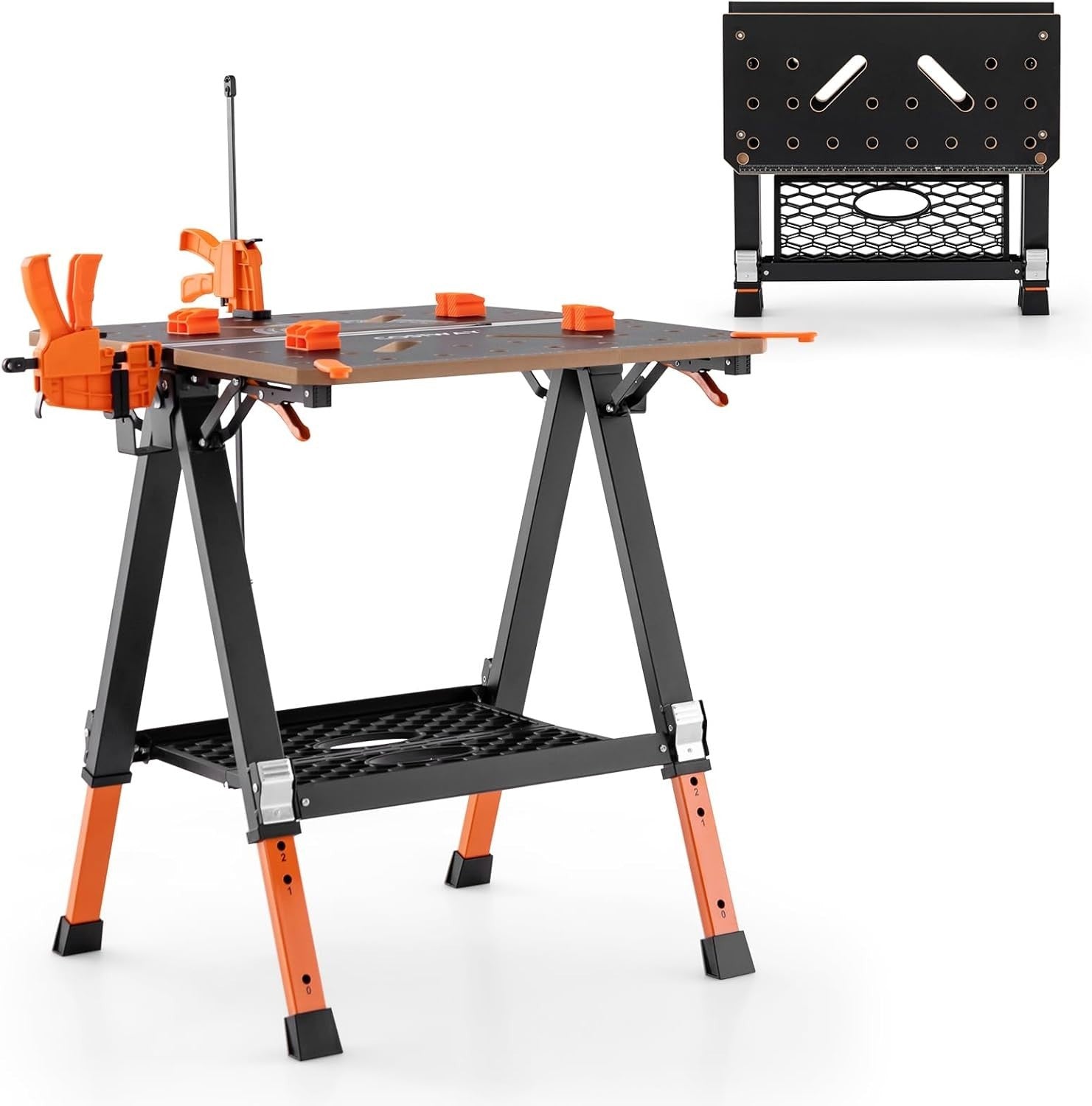 Folding Workbench 70x65cm Adjustable Height Sawhorse 450kg Table Orange